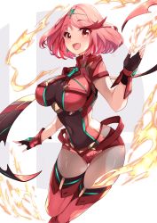 Rule 34 | 1girl, absurdres, black gloves, bob cut, breasts, chest jewel, earrings, fingerless gloves, gloves, highres, jewelry, large breasts, nintendo, pantyhose, pantyhose under shorts, pyra (xenoblade), red eyes, red hair, red shorts, red thighhighs, risumi (taka-fallcherryblossom), short hair, short shorts, shorts, solo, super smash bros., swept bangs, thighhighs, tiara, xenoblade chronicles (series), xenoblade chronicles 2