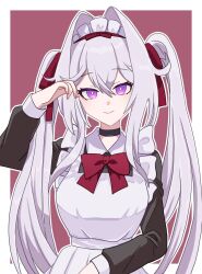 Rule 34 | 1girl, :&gt;, adjusting hair, apron, black choker, bow, bowtie, bright pupils, choker, hair between eyes, hair bow, hair intakes, highres, honkai (series), honkai impact 3rd, long hair, looking at viewer, maid, maid apron, maid headdress, multiple hair bows, purple eyes, red background, red bow, red bowtie, smile, solo, straight-on, thelema (honkai impact), twintails, two-tone background, upper body, very long hair, white background, white hair, white pupils, yamayu isu