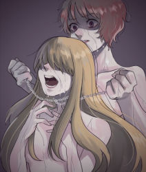 Rule 34 | 10s, 2girls, aldnoah.zero, asphyxiation, asseylum vers allusia, bad id, bad pixiv id, blonde hair, breasts, brown hair, chain, collarbone, dying, empty eyes, garrote, hair over eyes, hands up, holding, junka-sakura, long hair, lowres, multiple girls, nude, open mouth, rayet areash, red hair, short hair, spoilers, strangling, upper body, violence, wet