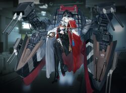 Rule 34 | 1girl, adapted turret, aiguillette, bismarck (black surge night), black footwear, black hat, black jacket, black surge night, black thighhighs, blue eyes, boots, cape, cross, grey hair, hat, holding, holding sword, holding weapon, iron cross, jacket, machinery, military hat, official art, red cape, rigging, sword, thighhighs, weapon, white cape