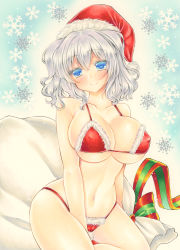 Rule 34 | 1girl, absurdres, bag, bikini, blue eyes, blush, breasts, christmas, collarbone, commentary request, fur trim, graphite (medium), hair between eyes, hat, highres, kantai collection, kashima (kancolle), large breasts, looking at viewer, navel, nekofish666, red bikini, santa bikini, santa hat, short hair, silver hair, sitting, smile, snowflakes, solo, swimsuit, traditional media