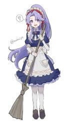 Rule 34 | 1girl, :d, ?, apron, blue dress, bow, broom, dress, fire emblem, fire emblem: genealogy of the holy war, fire emblem heroes, full body, hairband, highres, holding, holding broom, inuinui29, long hair, looking at viewer, nintendo, official alternate costume, open mouth, pantyhose, ponytail, purple eyes, purple hair, red hairband, sidelocks, smile, solo, spoken question mark, tailtiu (fire emblem), tailtiu (tea party) (fire emblem), twitter username, very long hair, waist apron, white apron, white background, white headdress, white pantyhose