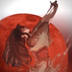 Rule 34 | 1girl, black hair, brown kimono, dissolving, expressionless, eyeshadow, final fantasy, final fantasy xiv, from side, gradient background, half-closed eyes, highres, holding, holding knife, hyur, imminent suicide, japanese clothes, kimono, knife, leaning back, long hair, makeup, moon, nail polish, obi, obiage, outstretched arms, own hands together, profile, red background, red eyeshadow, red moon, red nails, sash, seppuku, solo, standing, suicide, torso382, two-tone background, upper body, white background, wide sleeves, yotsuyu goe brutus