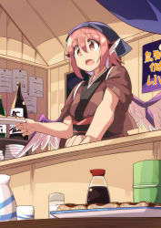 Rule 34 | 1girl, animal ears, bird wings, blue headwear, bottle, brown kimono, choko (cup), commentary request, counter, cup, food, food stand, hair between eyes, head scarf, highres, holding, holding plate, indoors, japanese clothes, kimono, looking away, moja (moja4192), mystia lorelei, obi, okamisty, open mouth, pink hair, plate, sash, sausage, short hair, short sleeves, solo, soy sauce, tenugui, tokkuri, touhou, wings, yatai, yunomi
