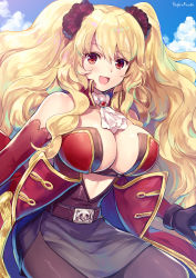 Rule 34 | 1girl, :d, anne bonny (fate), artist name, bare shoulders, belt, belt buckle, black skirt, blonde hair, blue sky, blush, breasts, brown pantyhose, buckle, cleavage, cloud, commentary request, day, detached sleeves, fate/grand order, fate (series), hagino kouta, hair between eyes, highres, jacket, large breasts, long hair, long sleeves, looking at viewer, open mouth, outdoors, pantyhose, red eyes, red jacket, sidelocks, skirt, sky, smile, solo, two side up, very long hair
