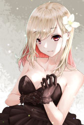 Rule 34 | 1girl, adjusting clothes, adjusting gloves, bare shoulders, black dress, black gloves, blonde hair, blush, breasts, cleavage, colored inner hair, dress, flower, gloves, hair flower, hair ornament, highres, large breasts, light smile, long hair, looking at viewer, multicolored hair, original, red eyes, strapless, strapless dress, two-tone hair, upper body, yukishimo