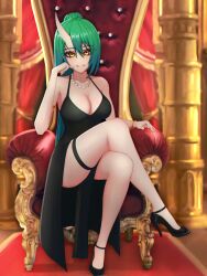Rule 34 | 1girl, absurd fox, absurdres, arknights, bare shoulders, black dress, breasts, cleavage, closed mouth, column, dress, grey hair, highres, horns, hoshiguma (arknights), jewelry, large breasts, legband, looking at viewer, medium hair, pillar, ponytail, single horn, sitting, solo, throne