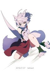 Rule 34 | 10s, 1girl, 2016, animal ears, artist name, breasts, dated, detached sleeves, grey hair, highres, holding, inubashiri momiji, katana, kneeling, looking away, namauni, no headwear, on one knee, pom pom (clothes), red eyes, sheath, sheathed, short hair, skirt, solo, sword, tail, tassel, touhou, weapon, wide sleeves, wolf ears, wolf paws, wolf tail