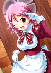 Rule 34 | 10s, 1girl, ;d, apron, blush, door, gloves, juliet sleeves, lisbeth (sao), long sleeves, looking at viewer, one eye closed, open mouth, pink eyes, pink hair, puffy sleeves, short hair, smile, solo, sword art online, tsuda akira, waist apron, white gloves, window, wink