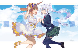 2girls, :&gt;, :d, absurdres, blue background, blue eyes, blue jacket, blue legwear, bow, bowtie, brown footwear, character request, closed mouth, collared shirt, dress, floating hair, flower, from side, green skirt, hair flower, hair ornament, hand on headwear, hat, hat bow, hat flower, high heels, highres, holding hand, honma himawari, interlocked fingers, jacket, jiliang jiying yumao, loafers, long hair, looking at viewer, looking to the side, multiple girls, nijisanji, off-shoulder dress, off shoulder, open mouth, pleated skirt, ponytail, puffy short sleeves, puffy sleeves, red bow, red neckwear, ribbon, sash, school uniform, shirt, shoes, short sleeves, sideways glance, signature, skirt, smile, strappy heels, straw hat, sun hat, sundress, sunflower, teruterubouzu, thighhighs, very long hair, virtuareal, white dress, white hair, yellow footwear, yellow ribbon