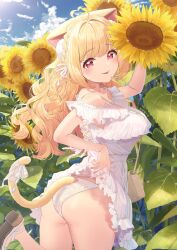 Rule 34 | 1girl, ahoge, artist request, bag, blonde hair, dress, floral print, flower, handbag, highres, kemomimi refle!, nekoma karin, panties, pantyshot, red eyes, second-party source, solo, sunflower, tagme, tail, tongue, tongue out, underwear, wavy hair, white dress, white panties