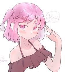 Rule 34 | :&lt;, artist name, bare shoulders, black shirt, blush, blush stickers, bob cut, close-up, closed mouth, collarbone, commentary, cropped torso, dated, doki doki literature club, english commentary, english text, frilled shirt, frills, furrowed brow, hair ornament, hair ribbon, halterneck, hand up, highres, leguma, looking at viewer, looking to the side, lvxsiguma, natsuki (doki doki literature club), off-shoulder shirt, off shoulder, pink eyes, pink hair, pink ribbon, portrait, ribbon, shirt, short hair, simple background, speech bubble, sweat, sweatdrop, swept bangs, two side up, upturned eyes, white background, x hair ornament
