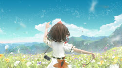 Rule 34 | 1girl, absurdres, black hair, branch, camera, dandelion seed, facing away, fasnakegod, field, flower, flower field, from behind, hat, highres, holding, holding branch, mountainous horizon, musical note, outdoors, pointy ears, puffy short sleeves, puffy sleeves, scenery, shameimaru aya, shirt, short sleeves, single-lens reflex camera, solo, tokin hat, touhou, white shirt