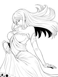 Rule 34 | 1girl, closed mouth, commentary request, detached sleeves, dress, greyscale, high contrast, kakone, long hair, looking at viewer, monochrome, original, simple background, smile, solo, strapless, strapless dress