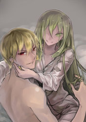 Rule 34 | 2boys, androgynous, blonde hair, earrings, enkidu (fate), fate/strange fake, fate (series), gilgamesh (fate), green eyes, green hair, grey background, twirling hair, jewelry, long hair, male focus, multiple boys, red eyes, topless male, trap, xxx sherry, yaoi
