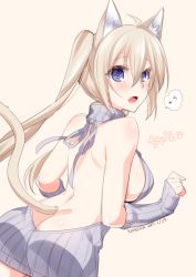 Rule 34 | 1girl, :o, ahoge, animal ears, arm warmers, ass, blonde hair, blue eyes, breasts, butt crack, cat ears, cat tail, commentary request, dated, fang, hair between eyes, konshin, large breasts, long hair, looking at viewer, looking back, meme attire, musical note, naked sweater, original, ribbed sweater, signature, simple background, solo, spoken musical note, sweater, tail, twintails, virgin killer sweater, yellow background