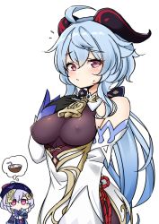 Rule 34 | 2girls, ahoge, bare shoulders, bell, black gloves, blue hair, blush, bow, bowtie, breasts, chinese knot, coconut, coin hair ornament, covered erect nipples, detached sleeves, flower knot, ganyu (genshin impact), genshin impact, gloves, gold trim, hair ornament, hand on own chest, highres, horns, jiangshi, long hair, looking at viewer, multiple girls, neck bell, purple eyes, purple headwear, qiqi (genshin impact), sidelocks, suwa yasai, sweatdrop, talisman, white background, white sleeves