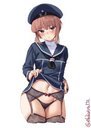 Rule 34 | 1girl, anchor, black panties, black thighhighs, blue dress, blue sailor collar, blush, bow, bow panties, breasts, brown eyes, clothes lift, clothes writing, cowboy shot, cropped legs, dress, dress lift, ebifurya, garter belt, garter straps, german clothes, hair between eyes, hat, highres, kantai collection, lifting own clothes, navel, panties, peaked cap, red hair, sailor bikini, sailor collar, sailor dress, sailor hat, short hair, simple background, small breasts, solo, thighhighs, twitter username, underwear, white background, z3 max schultz (kancolle)