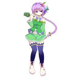 Rule 34 | 1girl, bad id, bad pixiv id, blue thighhighs, braid, colored eyelashes, detached sleeves, dress, expressionless, full body, green dress, green skirt, hairband, jitome, kanenoya, long hair, microphone, musical note, mystical power plant, original, print skirt, purple eyes, purple hair, shoes, simple background, single braid, skirt, solo, staff (music), thighhighs, toone riko, touhou, transparent background, white background