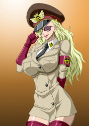 Rule 34 | 1girl, armband, blonde hair, boots, breasts, domino (one piece), female focus, gloves, gradient background, hair over one eye, hat, highres, large breasts, legs, long hair, necktie, nel-zel formula, one piece, open mouth, peaked cap, pink-tinted eyewear, pink-tinted glasses, simple background, smile, solo, standing, sunglasses, thigh boots, thighhighs, thighs, tinted eyewear, uniform
