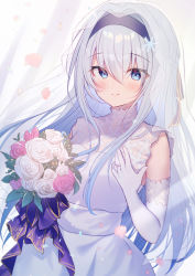 1girl, bangs, black hairband, blue eyes, blush, bouquet, bridal veil, closed mouth, commentary request, dress, elbow gloves, eyebrows visible through hair, flower, gloves, gyozanuko, hair between eyes, hair ornament, hairband, highres, jewelry, long hair, pink flower, pink rose, ring, rose, ryuuou no oshigoto!, see-through, silver hair, sleeveless, sleeveless dress, smile, snowflake hair ornament, solo, sora ginko, veil, very long hair, wedding band, wedding dress, white dress, white flower, white gloves, white rose