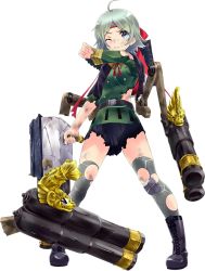 Rule 34 | 1girl, ;t, ahoge, artist request, black capelet, blue eyes, boots, broken, broken weapon, cannon, capelet, full body, green hair, headband, matsumae (oshiro project), official art, one eye closed, oshiro project:re, oshiro project:re, pleated skirt, shachihoko, short hair, skirt, solo, standing, thighhighs, torn clothes, torn skirt, transparent background, v-shaped eyebrows, weapon