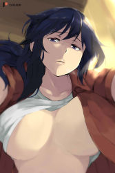 Rule 34 | 1girl, blue eyes, boku dake ga inai machi, breasts, cafekun, character request, check character, collarbone, commentary request, fujinuma sachiko, hair between eyes, highres, jacket, large breasts, long hair, looking at viewer, no bra, red jacket, shirt, solo, white shirt