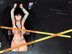 Rule 34 | 1girl, breasts, caution tape, censored, convenient censoring, female focus, long hair, mabinogi, morrighan, ryo (liver sashi daisuki!), solo, sword, weapon