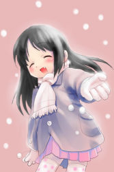 Rule 34 | 1girl, ^ ^, black hair, blush, closed eyes, cowboy shot, fang, gloves, hima, jacket, long hair, open mouth, outstretched arm, pleated skirt, polka dot, polka dot legwear, scarf, skirt, smile, snow, snowing, solo, thighhighs, white gloves, white scarf