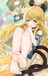 Rule 34 | 1girl, ahoge, bare legs, bare shoulders, barefoot, blonde hair, box, feet, foot focus, genshin impact, green eyes, hair ornament, highres, in box, in container, kirara (genshin impact), multiple tails, own hands together, soles, tail, toes, two tails, xianyuzi