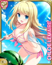 Rule 34 | 1girl, bent over, bikini, blindfold, blonde hair, blue eyes, breasts, character name, chloe lemaire, cleavage, cloud, day, food, fruit, girlfriend (kari), large breasts, long hair, navel, official art, open mouth, outdoors, qp:flapper, side-tie bikini bottom, sky, smile, solo, stick, striped bikini, striped clothes, suikawari, swimsuit, unworn blindfold, watermelon