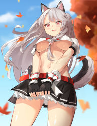 Rule 34 | 1girl, absurdres, animal ears, autumn leaves, azur lane, basil (st 1), belt, black gloves, black skirt, blue skirt, blush, braid, breasts, covering privates, covering crotch, crop top, crop top overhang, day, fake animal ears, falling leaves, fang, fingerless gloves, frilled skirt, frills, from below, ginkgo leaf, gloves, highres, leaf, long hair, looking down, mechanical ears, medium breasts, miniskirt, motion blur, navel, no bra, outdoors, parted lips, red eyes, short sleeves, side braid, silver hair, skin fang, skirt, solo, stomach, stuffed wolf, tail, thighs, two side up, underboob, upshirt, v-shaped eyebrows, very long hair, wolf tail, wrist cuffs, yuudachi (azur lane)