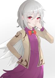 Rule 34 | 1girl, angel wings, beige jacket, bow, bowtie, brooch, covering own mouth, cowboy shot, dress, flat chest, fuua (fxae3875), hand on own hip, hand over own mouth, highres, jewelry, kishin sagume, looking at viewer, pink eyes, purple dress, red bow, red bowtie, short hair, silver hair, simple background, single wing, smile, solo, touhou, white background, wings