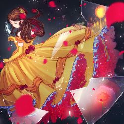 Rule 34 | 1girl, artist name, bad id, bad pixiv id, beauty and the beast, belle (disney), brown hair, disney, dress, elbow gloves, closed eyes, flower, frills, glass shards, gloves, hair ornament, long hair, lopuii, mirror, rose, solo, standing, yellow dress, yellow gloves