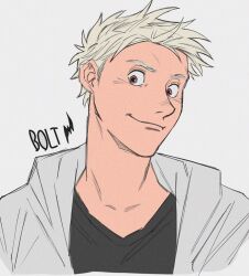 Rule 34 | 1boy, black shirt, bolt (bolt), bolt (movie), brown eyes, character name, closed mouth, cropped torso, grey background, grey jacket, humanization, jacket, lightning bolt symbol, looking at viewer, male focus, shirt, short hair, solo, uochandayo, white hair