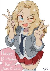 Rule 34 | 1girl, ;d, artist name, birthday, black necktie, blazer, blonde hair, blouse, blue eyes, collared shirt, cowboy shot, dated, double v, dress shirt, english text, girls und panzer, grey jacket, hair intakes, happy birthday, highres, jacket, kay (girls und panzer), kuroneko douji, long hair, long sleeves, looking at viewer, miniskirt, necktie, one eye closed, open clothes, open jacket, open mouth, pleated skirt, red skirt, saunders school uniform, school uniform, shirt, signature, simple background, skirt, sleeves rolled up, smile, solo, standing, thighhighs, v, white background, white shirt, white thighhighs, wing collar