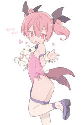 Rule 34 | 1girl, ass, bare shoulders, blade (galaxist), blush, bow, bowtie, demon girl, detached collar, emelia pris, fang, leotard, long hair, official art, open mouth, pink eyes, pink hair, pointy ears, pop-up story, simple background, skin fang, smile, solo, stuffed animal, stuffed cat, stuffed toy, twintails, white background, wings, wrist cuffs