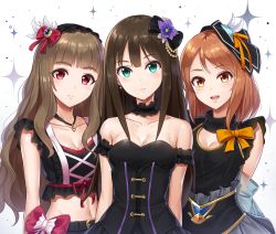 Rule 34 | 3girls, bad id, bad pixiv id, bare shoulders, black gloves, black gothic dress (idolmaster), blush, breasts, brown eyes, brown hair, cleavage, flower, gloves, green eyes, hair flower, hair ornament, houjou karen, idolmaster, idolmaster cinderella girls, kamiya nao, light smile, long hair, looking at viewer, medium breasts, multiple girls, open mouth, red eyes, shibuya rin, triad primus, yuuhi (ages)