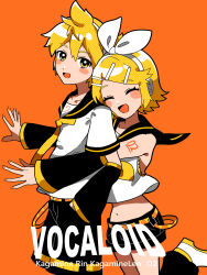 Rule 34 | 1boy, 1girl, absurdres, arm tattoo, black sailor collar, black shorts, blonde hair, blush, bow, character name, closed eyes, copyright name, cropped shirt, detached sleeves, hair ornament, hair ribbon, hairclip, halftone, hand in pocket, headphones, highres, hug, hug from behind, kagamine len, kagamine rin, looking at another, navel, neckerchief, open mouth, orange background, orange nails, ribbon, sailor collar, shirt, short hair, shorts, smile, standing, standing on one leg, sugarmonaka, tattoo, vocaloid, white shirt, yellow neckerchief