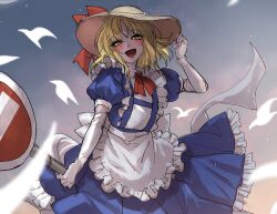Rule 34 | 1girl, absurdres, apron, back bow, blonde hair, blue shirt, blue skirt, bow, elbow gloves, frilled skirt, frills, gloves, hand on headwear, hat, hat bow, highres, holding, holding sign, kana anaberal, kuya (hey36253625), maid apron, medium hair, puffy short sleeves, puffy sleeves, red bow, road sign, shirt, short sleeves, sign, skirt, solo, strap, sun hat, touhou, touhou (pc-98), waist bow, white bow, white gloves, yellow eyes