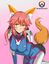 Rule 34 | 10s, 1girl, animal ears, arm support, ass, bad id, bad pixiv id, bent over, bodysuit, breast rest, breasts, cosplay, d.va (overwatch), d.va (overwatch) (cosplay), facial mark, fate/extra, fate (series), fox ears, fox tail, gloves, gradient background, hairband, honyaa~, light smile, logo, long hair, looking at viewer, overwatch, overwatch 1, pilot suit, pink background, pink hair, smile, solo, tail, tamamo (fate), tamamo no mae (fate/extra), twintails, whisker markings, yellow eyes