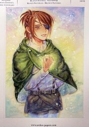 Rule 34 | 1girl, belt, brown eyes, brown hair, capelet, clenched hand, feet out of frame, glowing, green capelet, hand on own chest, hange zoe, kf2impossible, light smile, painting (medium), paradis military uniform, photo (medium), salute, shingeki no kyojin, short hair, short ponytail, solo, survey corps (emblem), traditional media