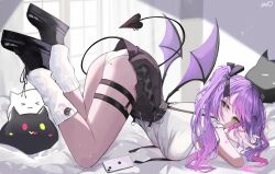 Rule 34 | 1girl, absurdres, artist logo, ass, bandaid, bandaid on arm, bed sheet, bibi (tokoyami towa), black footwear, black ribbon, black skirt, breasts, cellphone, colored inner hair, commentary, covered mouth, demon girl, demon tail, demon wings, fingernails, frilled shirt, frills, from side, green eyes, green nails, hair ribbon, heart, heart o-ring, heart tattoo, highres, hololive, indoors, kkato, large breasts, long fingernails, long hair, looking at viewer, multicolored hair, multicolored nails, nail polish, o-ring, o-ring thigh strap, official alternate costume, panties, phone, piercing, pink hair, pink nails, purple hair, ribbon, shirt, shoes, short sleeves, skirt, smartphone, socks, solo, suspender skirt, suspenders, symbol-only commentary, tail, tail ornament, tail piercing, tattoo, thigh strap, tokoyami towa, tokoyami towa (jirai kei), top-down bottom-up, twintails, two-tone hair, underwear, virtual youtuber, white panties, white shirt, white socks, window, wings