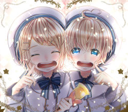 Rule 34 | 00s, 1boy, 1girl, absurdres, anniversary, argyle, argyle background, argyle clothes, bell, blonde hair, blue eyes, blush, bow, brother and sister, child, closed eyes, commentary, finger to cheek, floral print, hat, heads together, highres, holding, holding bell, kagamine len, kagamine rin, leaf, looking at viewer, namikaze bon, open mouth, sailor, sailor hat, shirt, short hair, siblings, smile, striped, striped bow, twins, upper body, vocaloid, white shirt