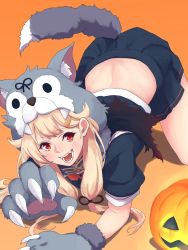 Rule 34 | 1girl, all fours, animal hands, black ribbon, black serafuku, blonde hair, claws, commentary request, fangs, gloves, gradient background, hair flaps, hair ornament, hair ribbon, hairclip, highres, jack-o&#039;-lantern, kantai collection, midriff peek, neckerchief, orange background, paw gloves, red eyes, red neckerchief, ribbon, school uniform, serafuku, shingyou (alexander-13), solo, straight hair, tail, teeth, wolf hood, wolf tail, yuudachi (kancolle), yuudachi kai ni (kancolle)