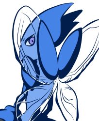 Rule 34 | blue theme, creatures (company), from behind, game freak, gen 2 pokemon, insect wings, looking at viewer, looking back, monochrome, muguet, nintendo, no humans, pokemon, pokemon (creature), purple eyes, scizor, simple background, solo, upper body, white background, wings