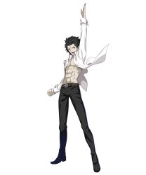 Rule 34 | 1boy, abs, anime coloring, bare pectorals, belt, black footwear, black hair, black pants, brown belt, buttoned cuffs, buttons, collar, collarbone, collared shirt, dress shirt, fingernails, floating clothes, forehead, game cg, hair slicked back, highres, legs apart, looking at viewer, lower teeth only, male focus, medium hair, melty blood, melty blood: type lumina, michael roa valdamjong, no nipples, non-web source, official art, open clothes, open hand, open mouth, open shirt, pale skin, pants, pectorals, pointing, pointing up, red eyes, shirt, simple background, sleeve cuffs, solo, standing, takeuchi takashi, teeth, tongue, topless male, transparent background, tsukihime, tsukihime (remake), type-moon, white collar, white sleeve cuffs, white sleeves, wing collar