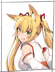 Rule 34 | .live, 1girl, :d, animal ears, bad id, bad pixiv id, bare shoulders, blonde hair, blush, braid, breasts, detached sleeves, hair ribbon, highres, japanese clothes, kei (soundcross), kemonomimi mode, kimono, kongou iroha, large breasts, leaning forward, long hair, looking at viewer, looking to the side, open mouth, red ribbon, ribbon, ribbon-trimmed sleeves, ribbon trim, round teeth, sleeveless, sleeveless kimono, smile, solo, teeth, twintails, upper teeth only, v-shaped eyebrows, very long hair, virtual youtuber, white kimono, white sleeves