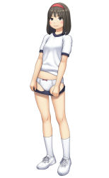 Rule 34 | 1girl, bow, bow panties, buruma, buruma pull, clothes pull, commentary request, crotch seam, gym shirt, gym uniform, hairband, highres, looking at viewer, maburu (lojyq1eur3e8bit), original, panties, pulled by self, shirt, shoes, short hair, short sleeves, simple background, sneakers, socks, solo, standing, underwear