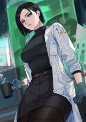 Rule 34 | 1girl, absurdres, animification, belt, black hair, black pantyhose, black shirt, black skirt, blue gloves, bob cut, breasts, brown belt, closed mouth, coat, cup, dutch angle, feet out of frame, gloves, green eyes, highres, holding, holding cup, kagematsuri, lab coat, large breasts, long sleeves, looking at viewer, miniskirt, open clothes, open coat, pantyhose, shirt, short hair, skirt, steam, twitter username, upper body, valorant, viper (valorant), white coat